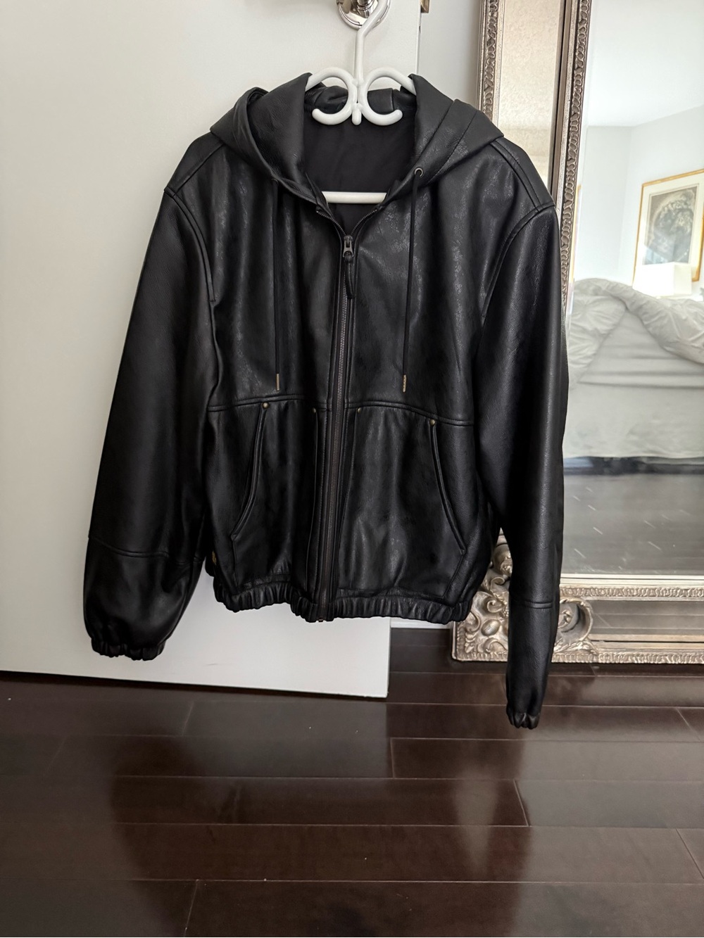 Zara Black Faux Leather Hooded Bomber
